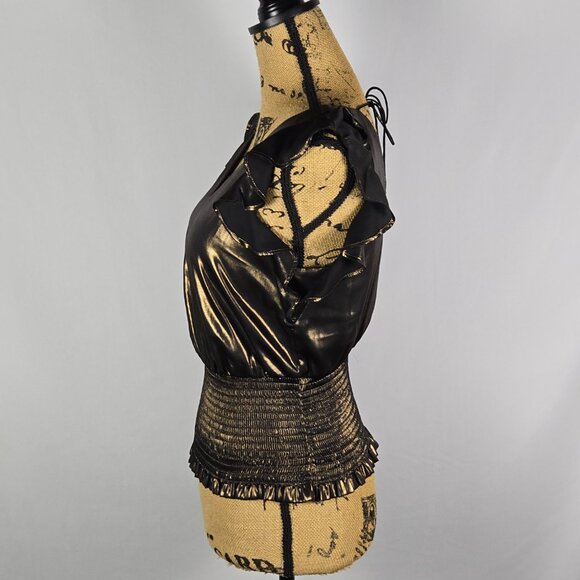 Nine West Womens‎ XS Metallic Black Ruffle Top Smocked Waist Y2K Disco Night Out - Picture 2 of 10
